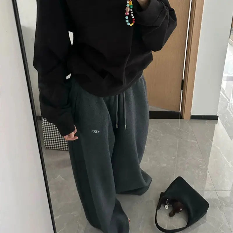 Oversize Cotton Woman Black Sweatpants Y2K Korean Streetwear Loose Casual Jogger Pants High Waist All Match Drawstring Trousers