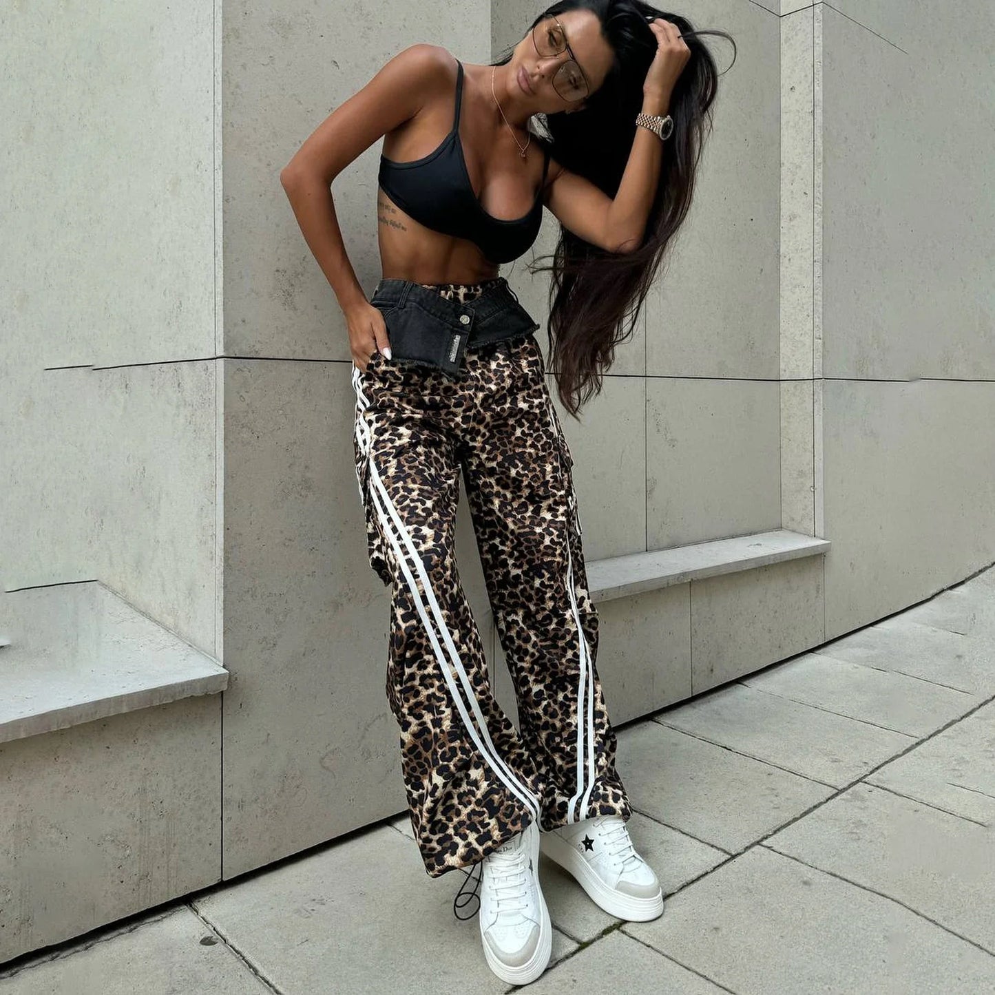 2025 New Autumn Women's Casual Wide Leg Leopard Pants Women Clothing Cowboy Spliced Vintage Sweatpants Y2k Cargo Pants Women