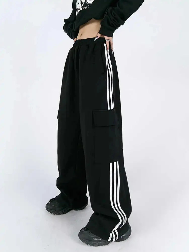 Jmprs Striped Women Cargo Pants American Style High Waist Fashion Y2K Streetwear Loose Wide Leg Pants Female Hip Hop Sweatpants