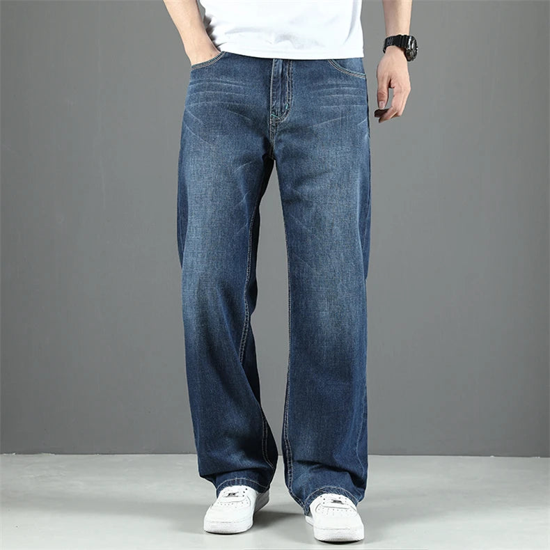 100% Cotton Men's Summer Thin Jeans Classic Straight Baggy Denim Pants Brand Comfortable Casual Trousers Plus Size 42 44 46 48