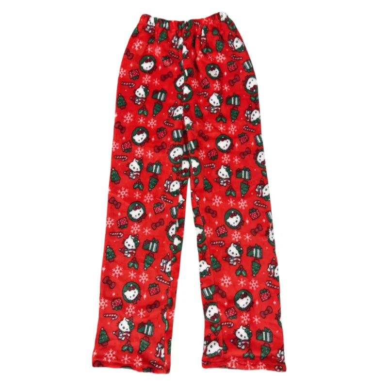 Kawaii Hello Kitty Pajamas Black Anime Flannel Women Warm Woolen Whitecartoon Casual Home Pants Autumn Fashion Trousers Gifts