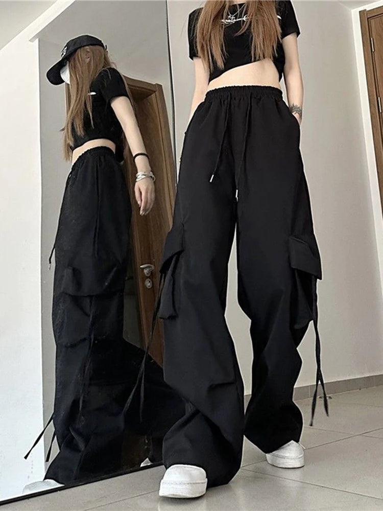 Zoki Harajuku Women Cargo Pants Streetwear Y2K Hip Hop Black Trousers Fashion High Waist Lace Up Female Loose Design Pants New