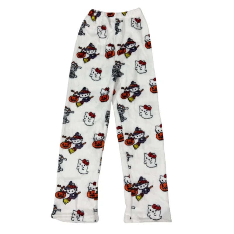 Kawaii Hello Kitty Pajamas Black Anime Flannel Women Warm Woolen Whitecartoon Casual Home Pants Autumn Fashion Trousers Gifts