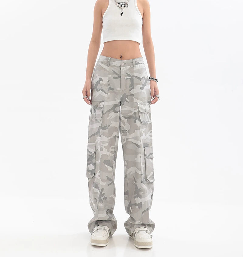 Female Hip Hop Grey Camouflage Cargo Pants American Style Y2K Oversized Loose Straight Wide Leg Pants Vintage Casual Sweatpants