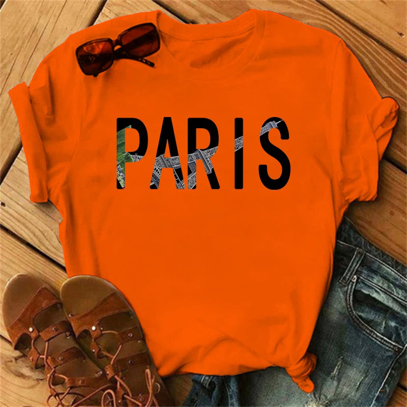 Orange crop Top Women Summer Paris Letters Print Y2k T-shirt Ladies Short Sleeved Luxury Tee Clothing Loose Pure Cotton Soft Top