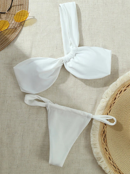 2023New Sexy Low Waist Bikini Set Solid One Shoulder Thong Swimwear Women Swimsuit Beachwear Bathing Suits biquini Summer Brazil