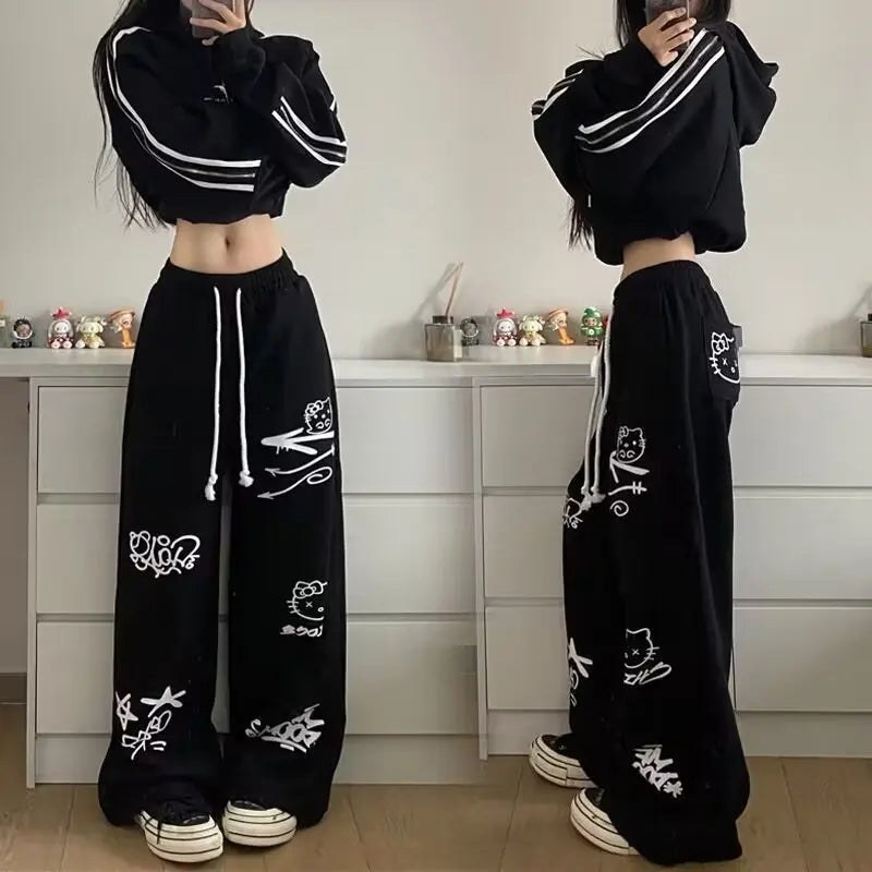 Loose Fitting Casual Pants  Fashionable And Fun Cartoon Dog And Cat Graffiti Pattern  Korean Fashion Spring Fall Baggy Straight