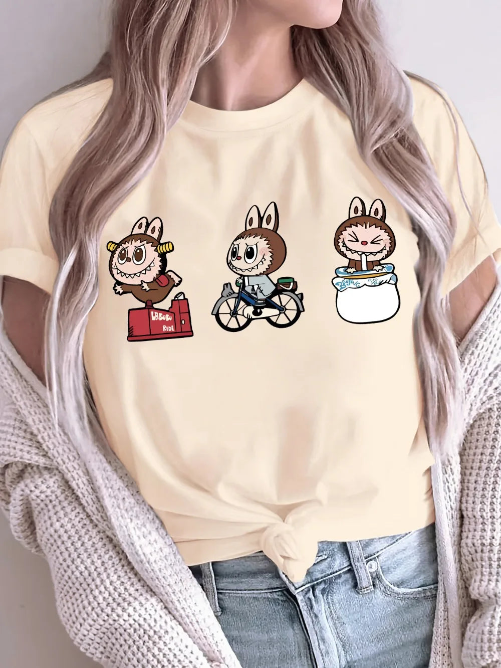Women's Vibrant Green Cartoon Print T-Shirt Casual Sporty Style, Short Sleeves, Perfect for Spring & Summer, Labubu Pattern