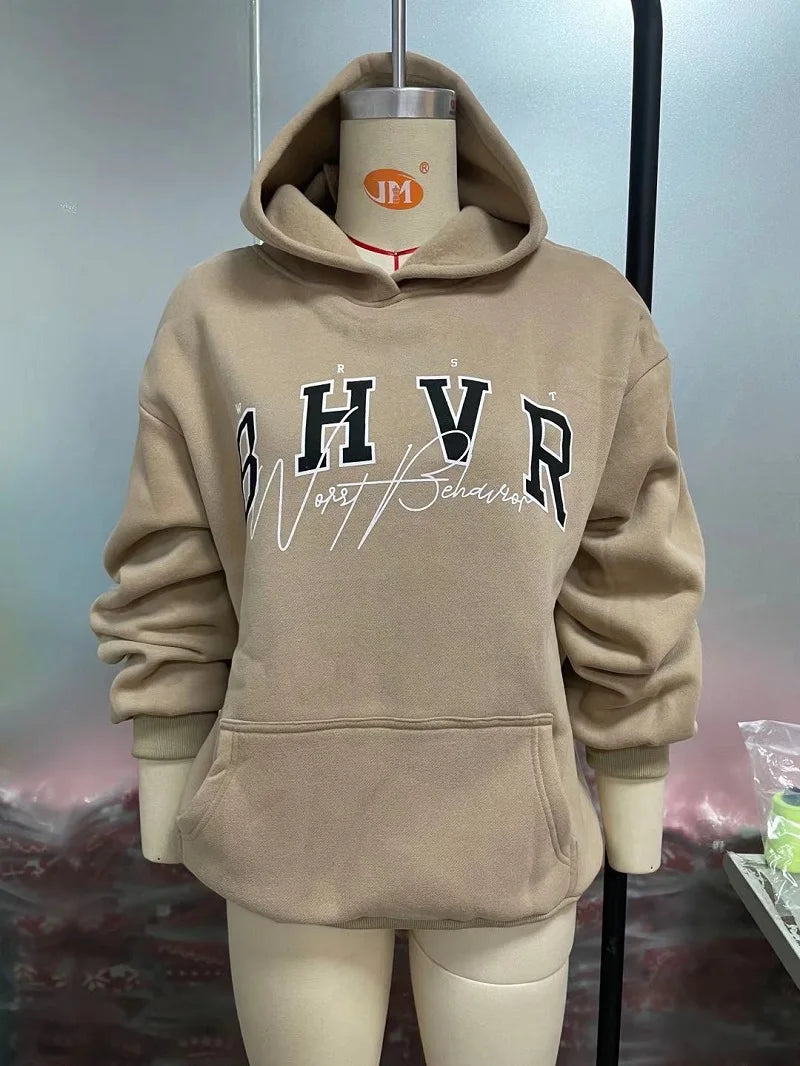 Harajuku Fashion Casual Women's Hoodie Autumn Winter Bhvr Game Letter Printing Plus Fleece Warm Long Sleeve Y2k Pullover Hoodie