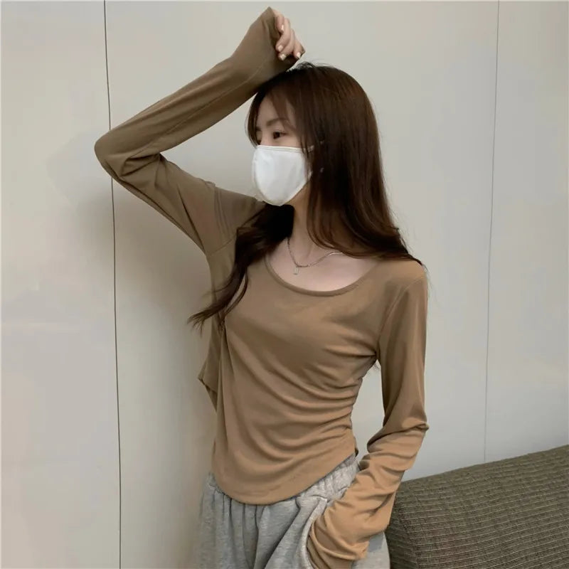 Custom LOGO Long Sleeve T-Shirt Autumn/Winter New Irregular Slim Student Top Girl Spice Base Shirt