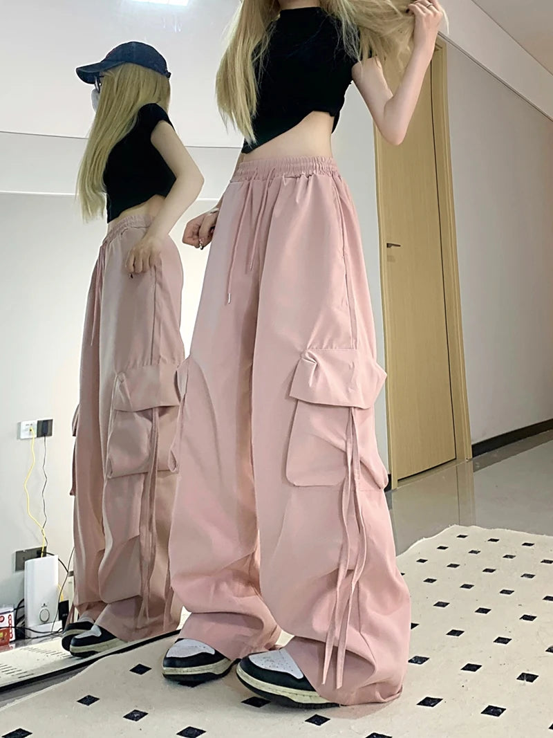 Zoki Pink Streetwear Cargo Pants Women Loose Harajuku Y2K Straight Trousers American Retro Hip Hop Casual Bf Wide Leg Pants New