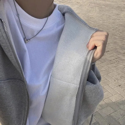 2023 Autumn/Winter New Fleece-Lined Versatile Fashion Cropped Slim Zippered Warm Solid Color Hooded Sweatshirt For Women