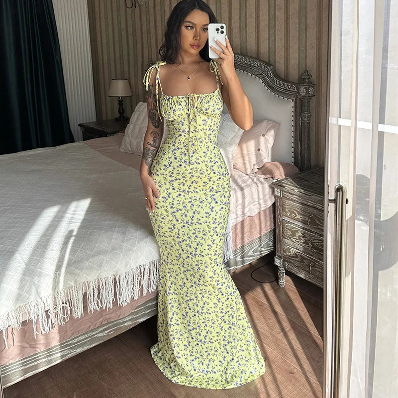 Hugcitar Women Elegant Floral Beach Vacation Bodycon Streetwear Long Dress 2023 Summer Clothes Wholesale Items For Business