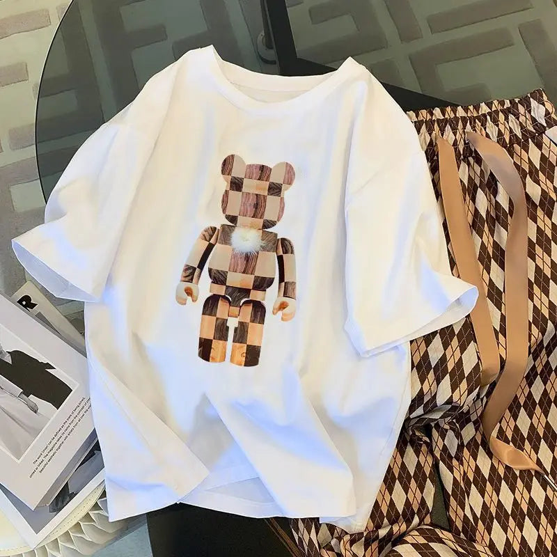 2 Piece Set for Women 2023 Summer Korean Fashion Bear Printed High Waist Wide Leg Pants Loose Short Sleeve T Shirt Women Clothes