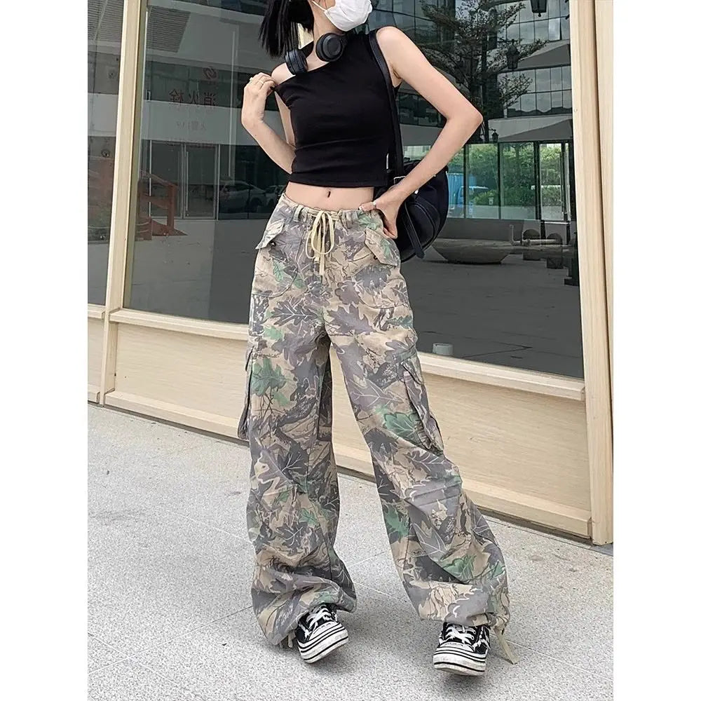 Retro trendy brand camouflage women work pants ins sweet and cool style high street clothing wide leg long pants with bound feet