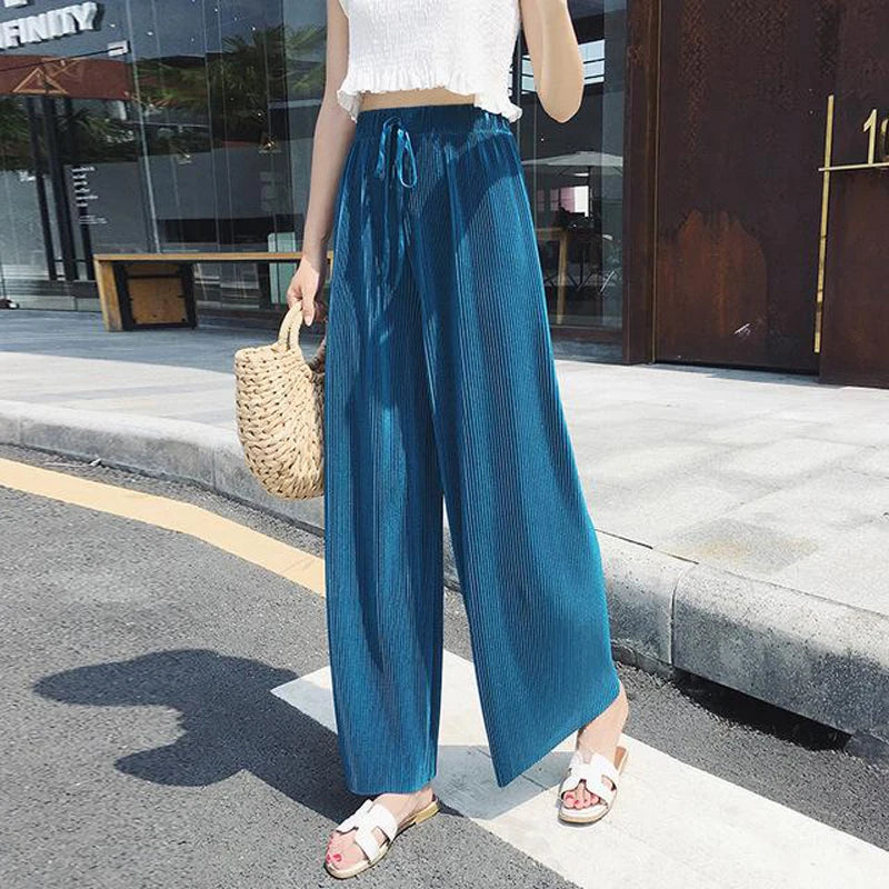 Women Fashion Summer Wide Leg Pants Pleated Ice Silk Trousers Elastic Waist Loose Casual Pants