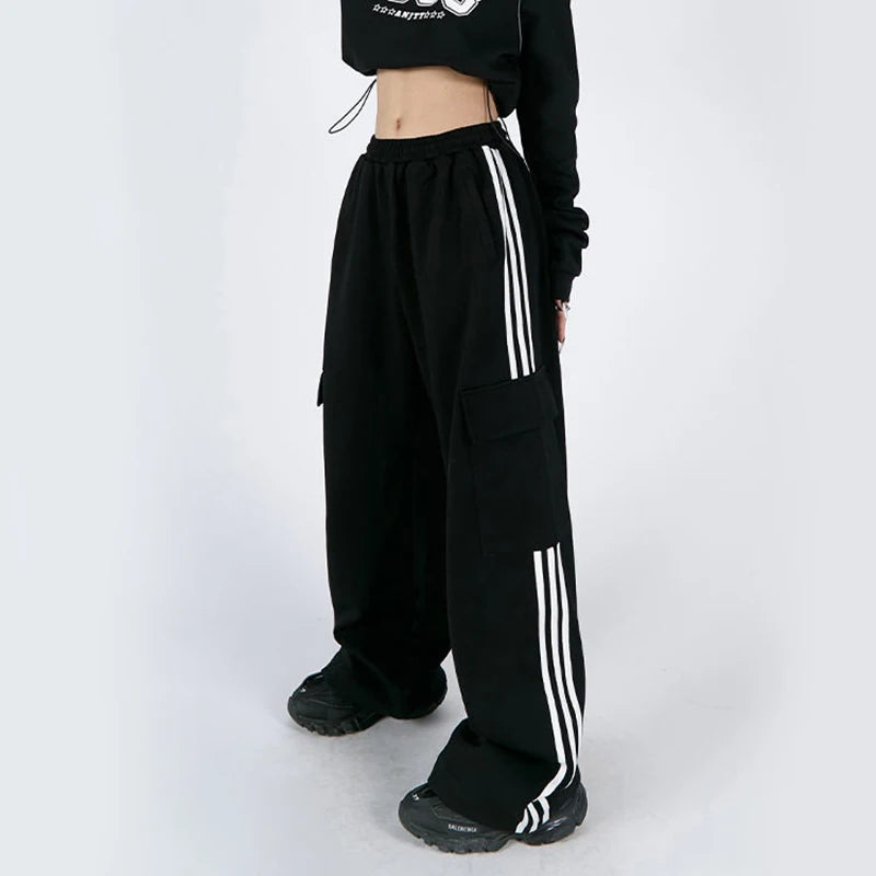 Jmprs Striped Women Cargo Pants American Style High Waist Fashion Y2K Streetwear Loose Wide Leg Pants Female Hip Hop Sweatpants