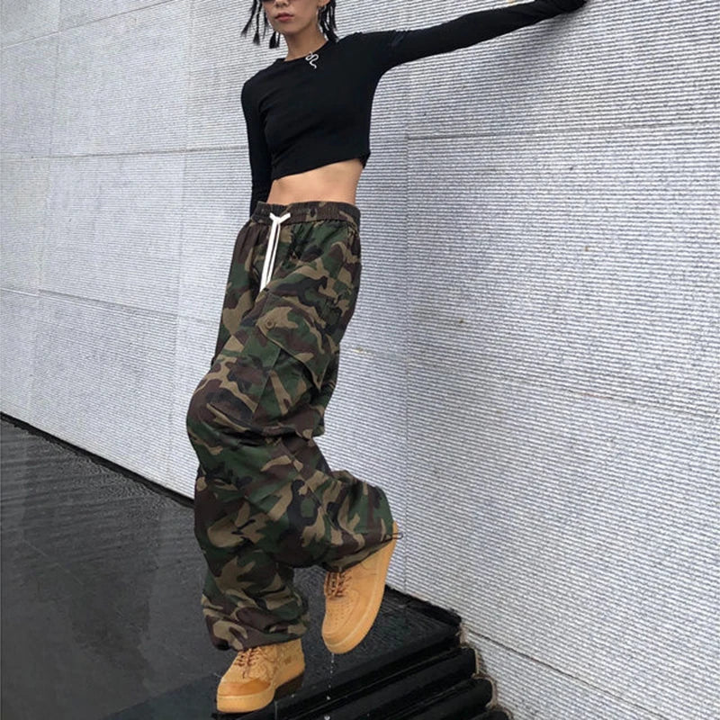 100% Pure Cotton Camo Cargo Pants Women Y2K Vintage Streetwear Joggers Sweatpants Bf Oversized Loose Hip Hop Wide Leg Trousers