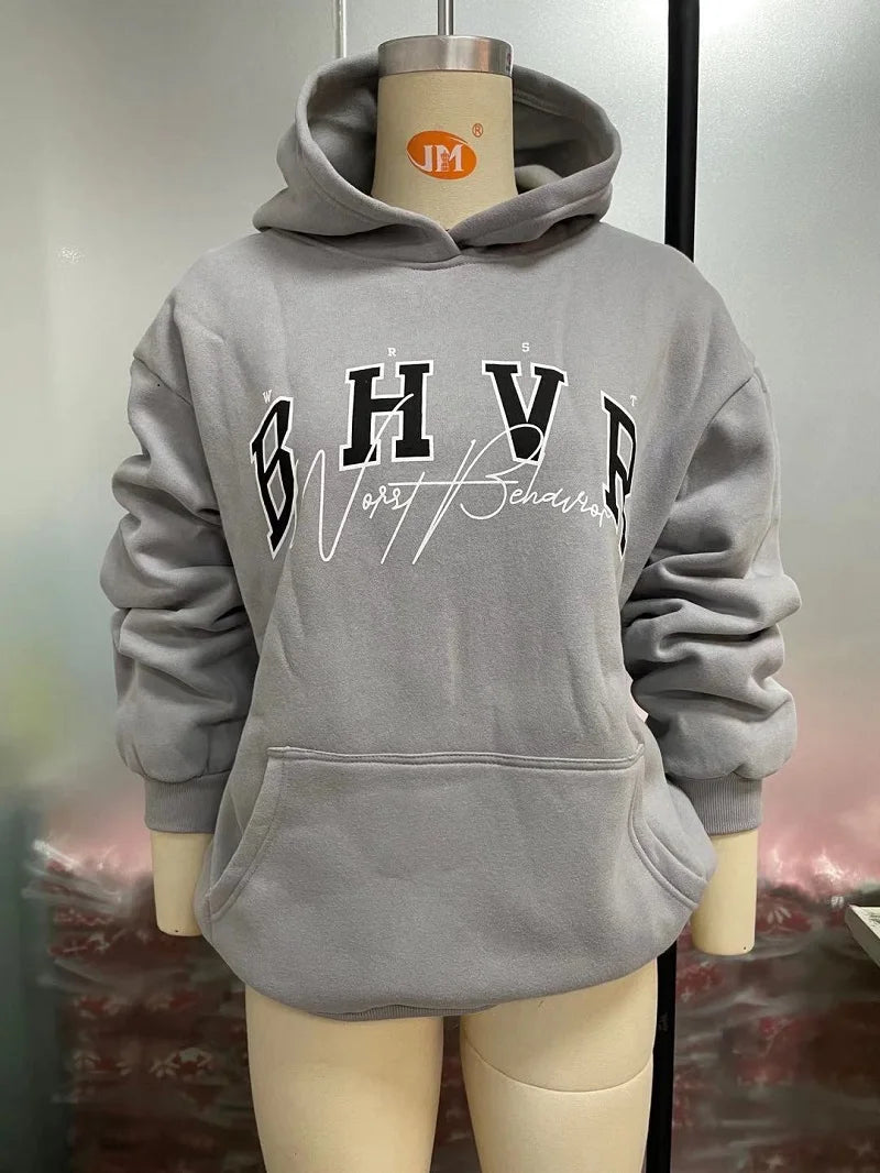 Harajuku Fashion Casual Women's Hoodie Autumn Winter Bhvr Game Letter Printing Plus Fleece Warm Long Sleeve Y2k Pullover Hoodie