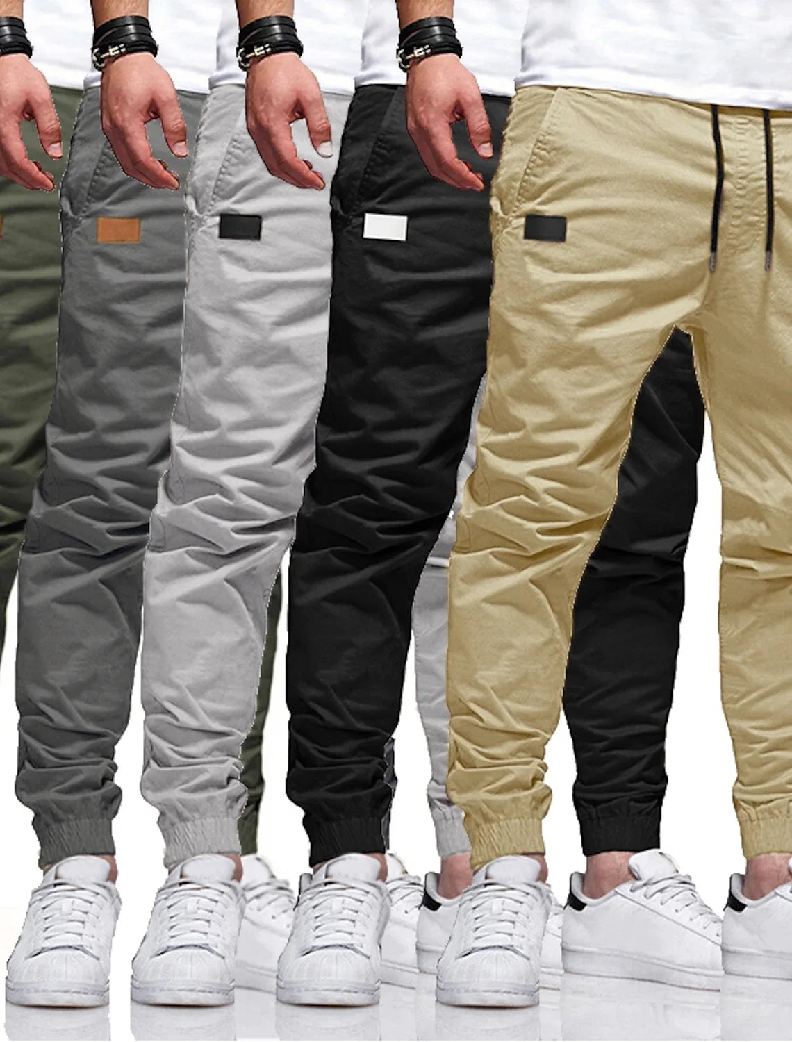 Cargo Pants Men Long Pant Lace Up High Elastic Waist Simple Splice Pockets Casual Regular Solid Autumn Winter Elastic Waist