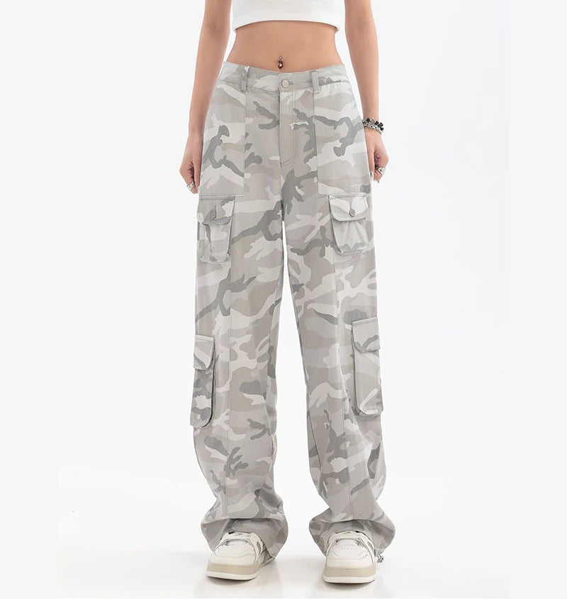 Female Hip Hop Grey Camouflage Cargo Pants American Style Y2K Oversized Loose Straight Wide Leg Pants Vintage Casual Sweatpants