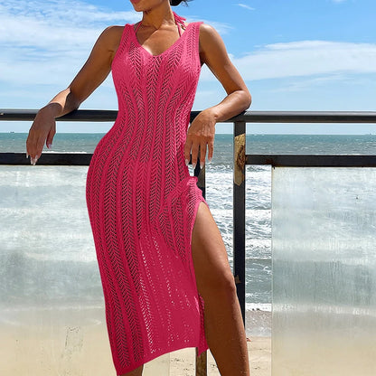 2024 Summer Ladies Vacation Hollow Out Robe Women Chic Solid Knitted Maxi Dress Fashion Sleeveless Sexy Beach Cover Up Dresses