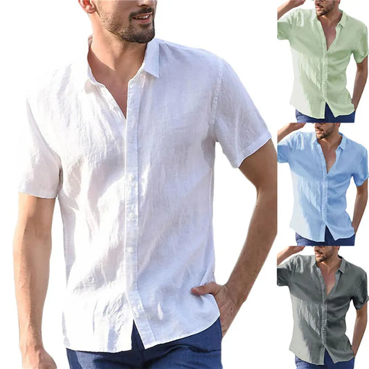 Summer Cotton Linen Shirts For Men Casual Short Sleeved Shirts Blouses Solid Turn-Down Collar Formal Beach Shirts Male Clothing