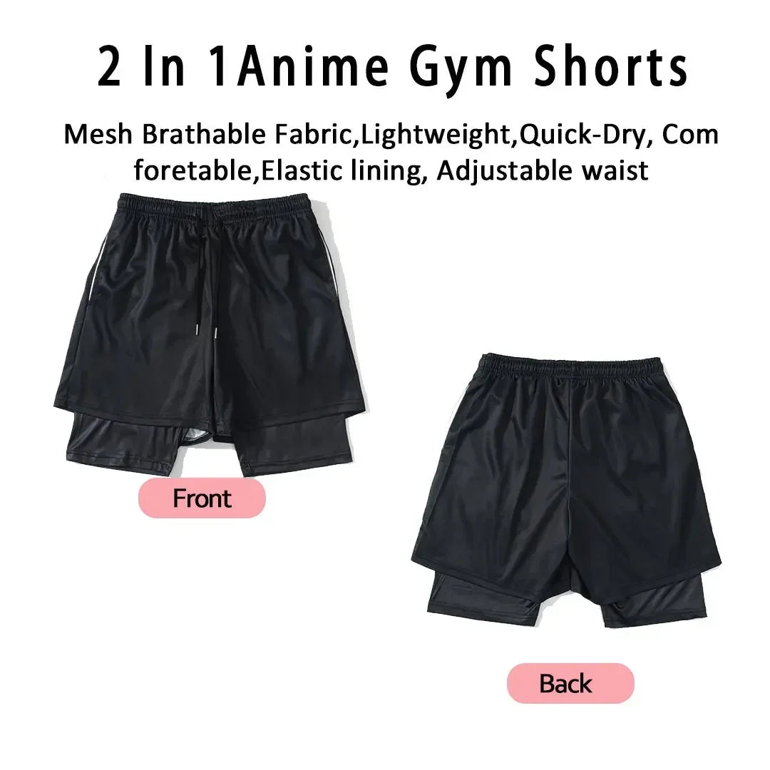 Anime Gym 2 in 1 Shorts for Men Quick Dry Breathable Mesh Performance Shorts Summer Sports Fitness Workout Jogging Short Pants