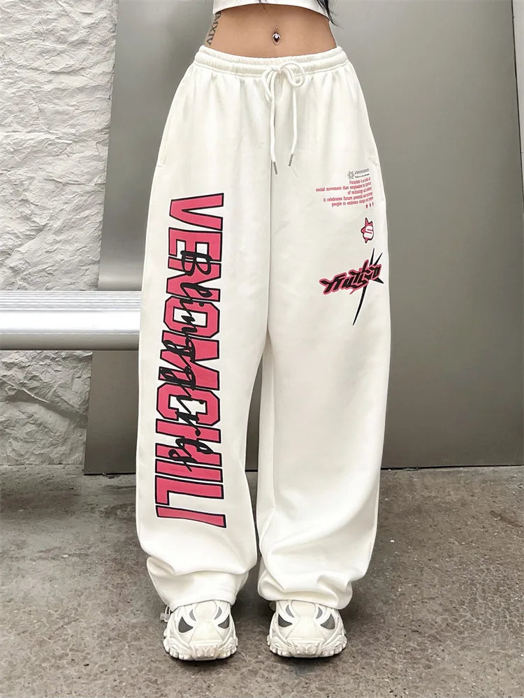 New Y2K Streetwear White Track Pants Women Harajuku Hippie Wide Leg Sweatpants Oversize Quick Dry Printed Joggers Trousers