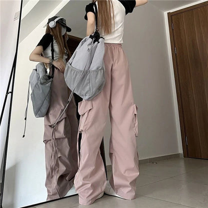 Zoki Harajuku Women Cargo Pants Streetwear Y2K Hip Hop Black Trousers Fashion High Waist Lace Up Female Loose Design Pants New