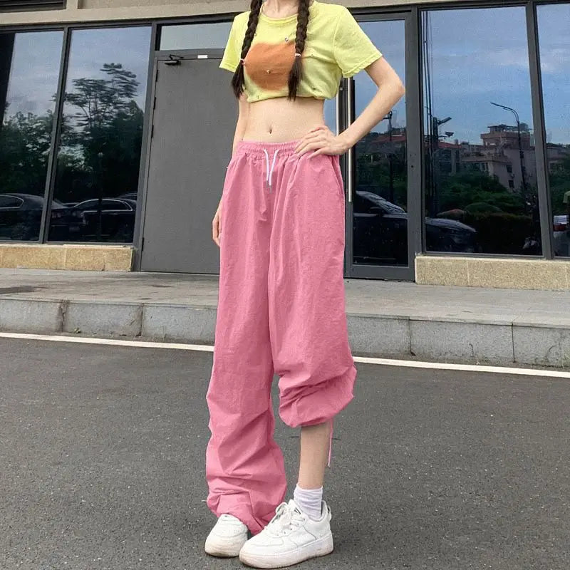 Rimocy High Waist Summer Cargo Pants Women Streetwear Drawstring Thin Parachute Pants Woman Solid Color Wide Leg Y2k Trouses