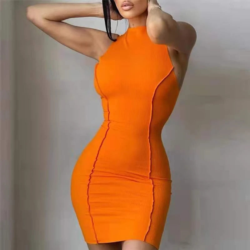 Women Summer Sexy Slim Wrap Hip Dress Solid Patchwork O-neck Sleeveless Mini Dresses INS Fashion High Street Sheath Vestidos