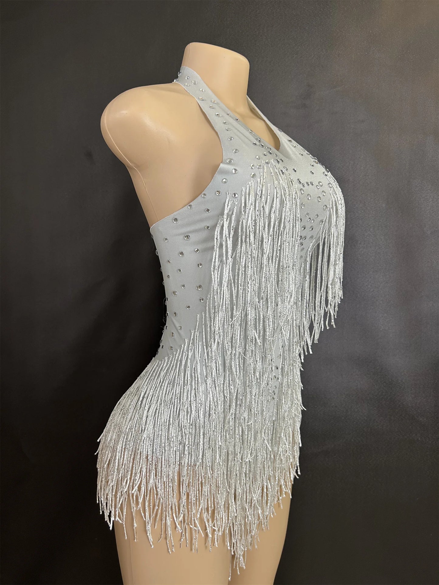 Sparkly Rhinestones Fringe Bodysuit WomenVightclub Party Dance Costume Stage Wear SexyTassel Leotard Performance Clothing 7G