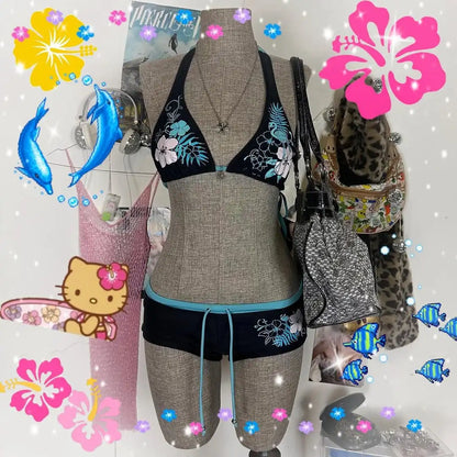 Y2k Vintage Flower print Cutie 2 set Bikini Swimsuit Sexy Women Bathing Fashion Halter Strap Swimwear High Street Beach Female
