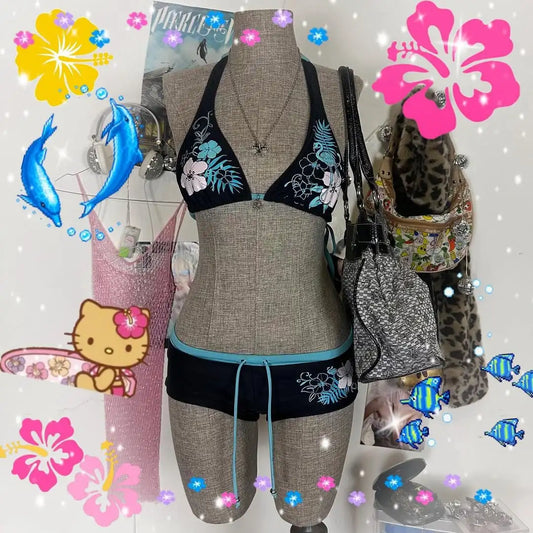 Y2k Vintage Flower print Cutie 2 set Bikini Swimsuit Sexy Women Bathing Fashion Halter Strap Swimwear High Street Beach Female
