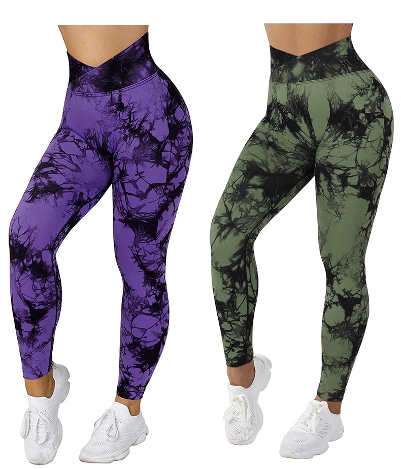 Women Cross Waist Leggings Seamless Tie Dye Leggings High Waist Hip Liftting Gym Workout Running Fashion High Elastic Knit Pants