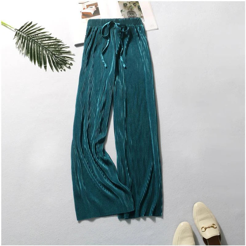 Women Fashion Summer Wide Leg Pants Pleated Ice Silk Trousers Elastic Waist Loose Casual Pants