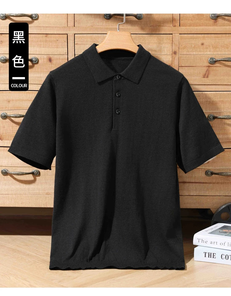 Summer 100% merino wool men's lapel pullover short sleeve POLO neck sweater loose top business casual knit T-shirt