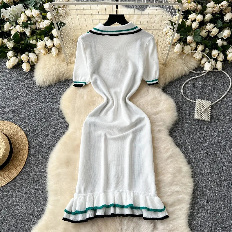 Women Color Patchwork Ruffles Hem Knitted Mini Dress Buttons Polo-neck Short Sleeve High Stretch Bodycon Casual Outfits Vestidos