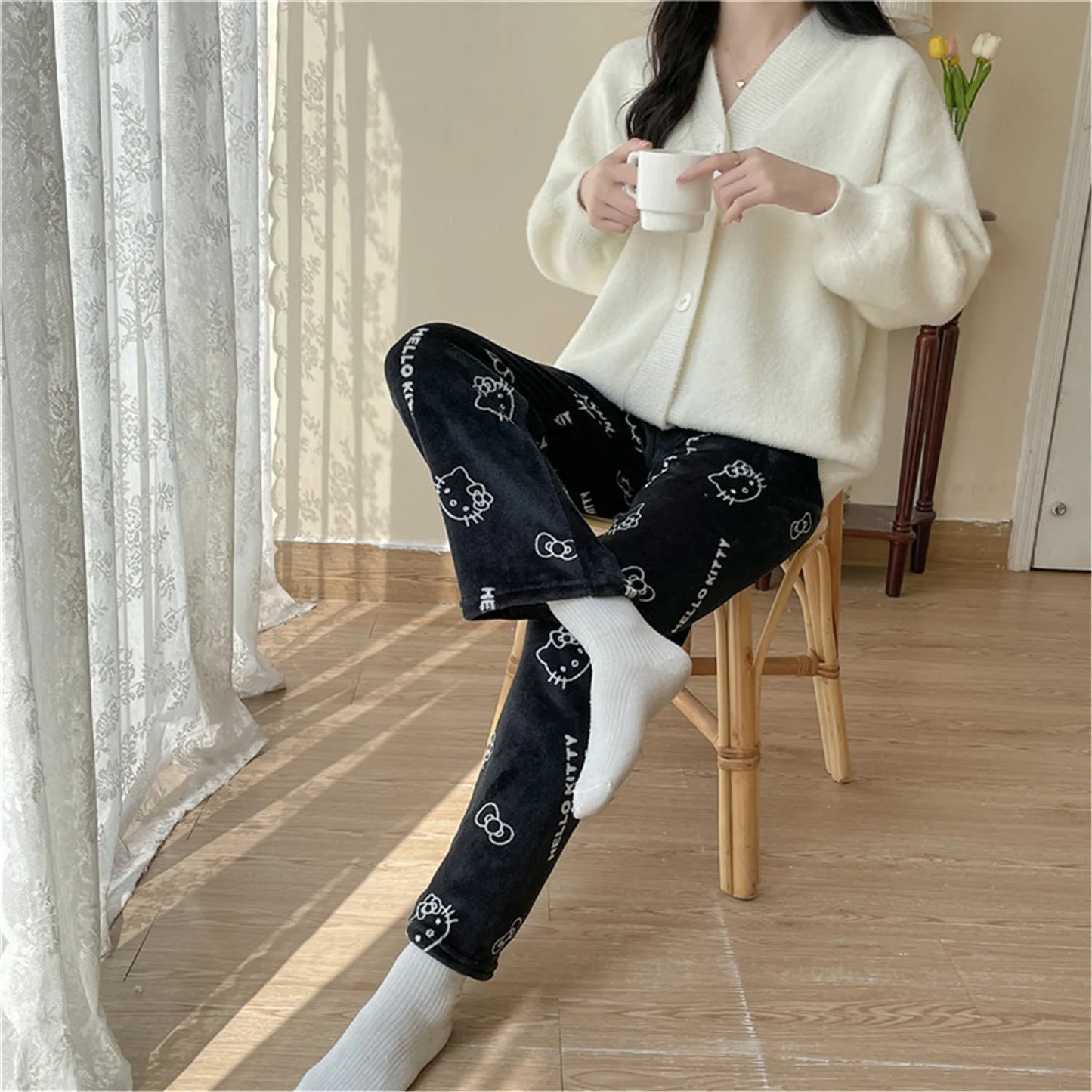 Kawaii Hello Kitty Pajamas Black Anime Flannel Women Warm Woolen Whitecartoon Casual Home Pants Autumn Fashion Trousers Gifts