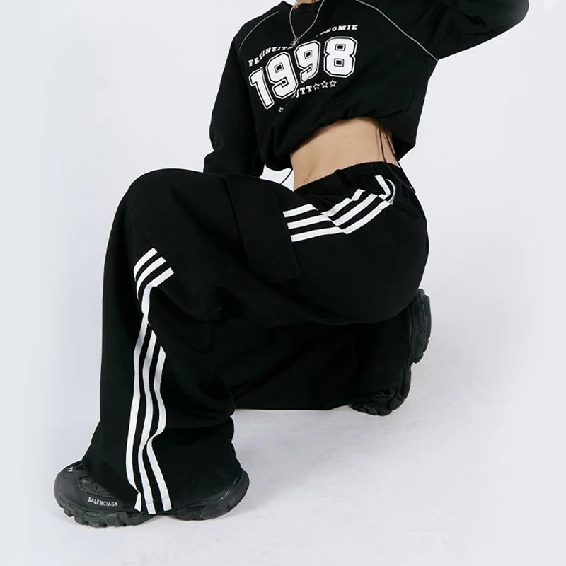 Jmprs Striped Women Cargo Pants American Style High Waist Fashion Y2K Streetwear Loose Wide Leg Pants Female Hip Hop Sweatpants