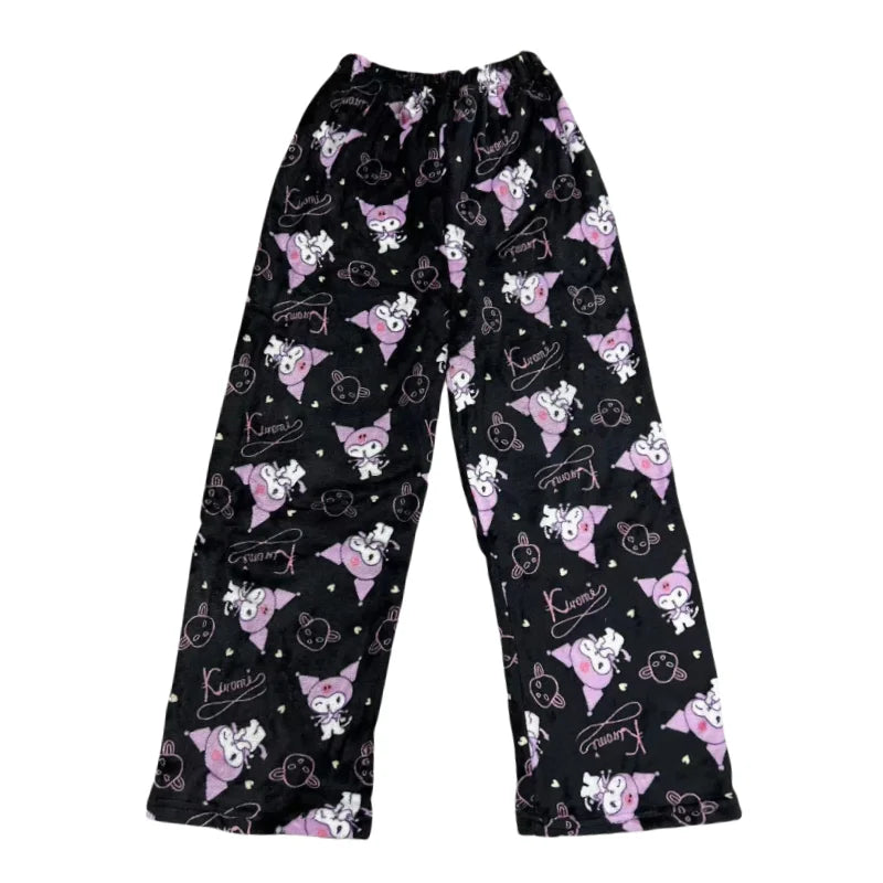 Kawaii Hello Kitty Pajamas Black Anime Flannel Women Warm Woolen Whitecartoon Casual Home Pants Autumn Fashion Trousers Gifts