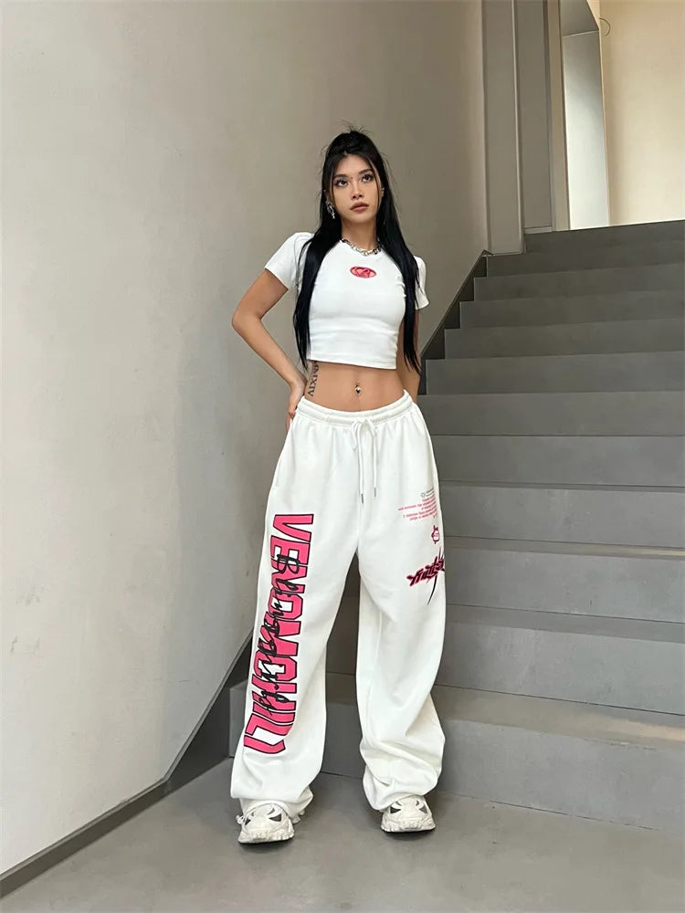 New Y2K Streetwear White Track Pants Women Harajuku Hippie Wide Leg Sweatpants Oversize Quick Dry Printed Joggers Trousers