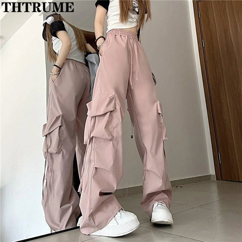 Retro Vintage High Street Baggy Pants Fashion Women Oversized Drawstring Pocket New Pant Casual Streetwear Loose Jogger Trousers