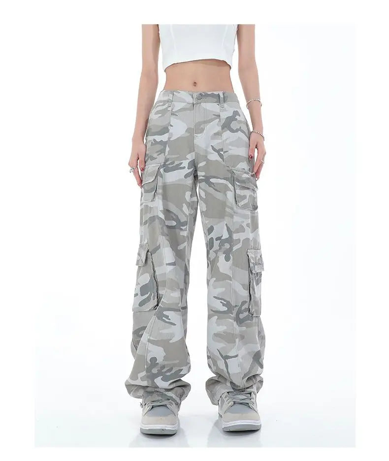 Streetwear Women Camouflage Cargo Pants Hip Hop Oversize Spring Autumn Straight New Wide Leg High Street Fashion Casual Trousers