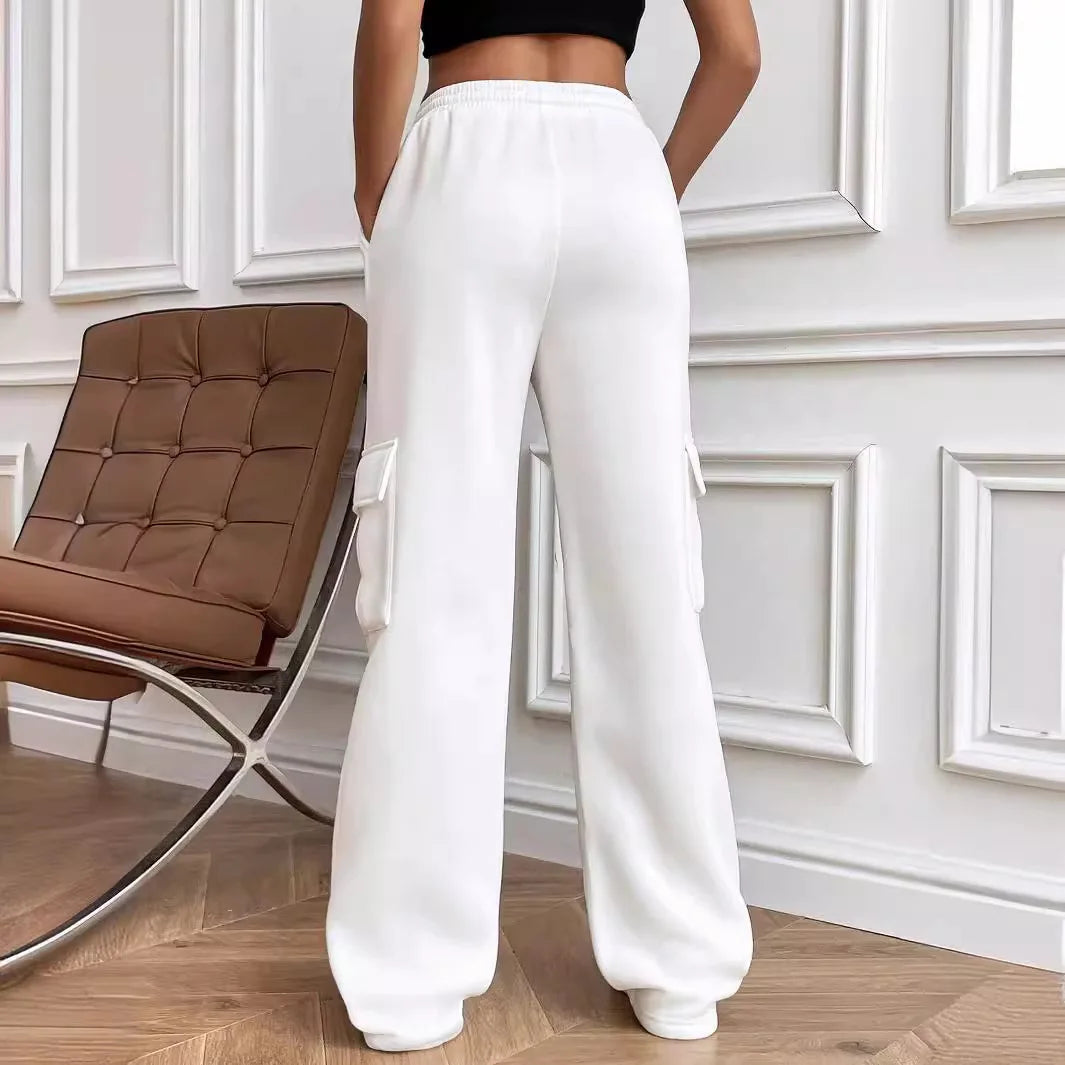 Women Gery Straight Leg Guard Pants Pockets Casual Elastic Waist With Drawstring 2024 Autumn Spring Black Trousers  Pantalon