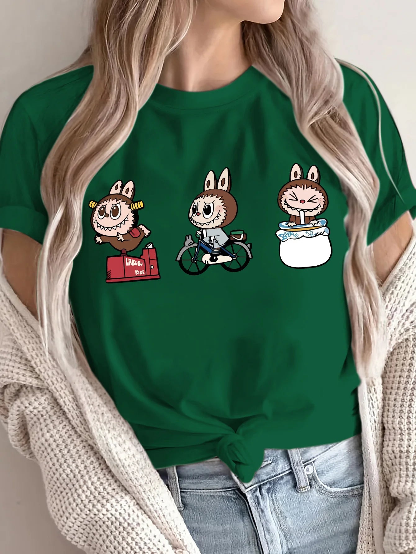 Women's Vibrant Green Cartoon Print T-Shirt Casual Sporty Style, Short Sleeves, Perfect for Spring & Summer, Labubu Pattern