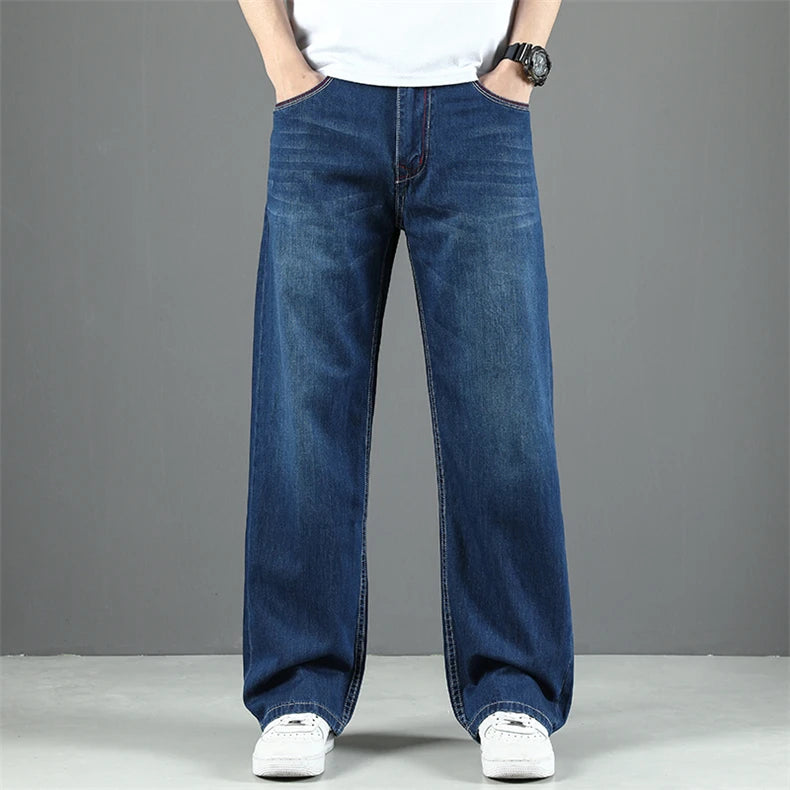 100% Cotton Men's Summer Thin Jeans Classic Straight Baggy Denim Pants Brand Comfortable Casual Trousers Plus Size 42 44 46 48