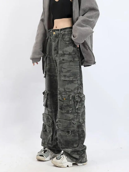 2023 American style retro street camouflage overalls women's hip-hop fried street wide-leg casual pants high street ins tide Y2K