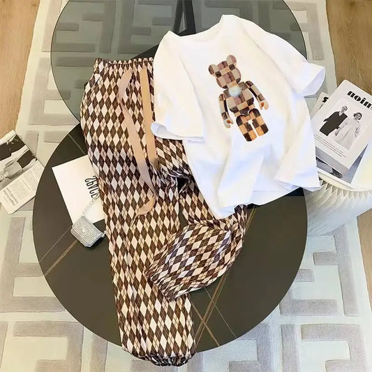 2 Piece Set for Women 2023 Summer Korean Fashion Bear Printed High Waist Wide Leg Pants Loose Short Sleeve T Shirt Women Clothes